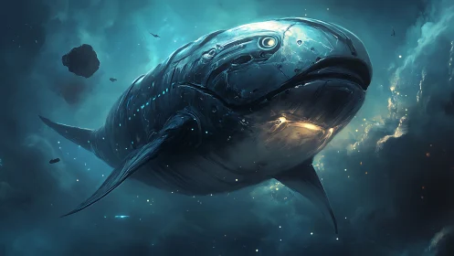 Mechanical whale form moves through luminous nebular field
