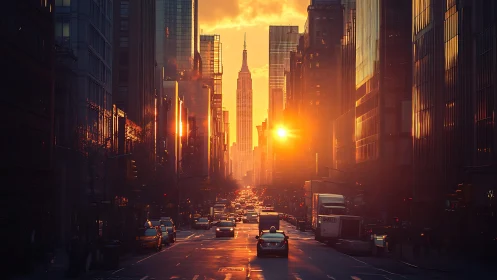Sunlit city avenue channels molten orange sunset glow.