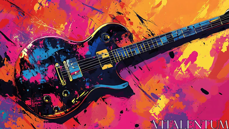 Electric guitar on neon splatter field, digital painting composition.