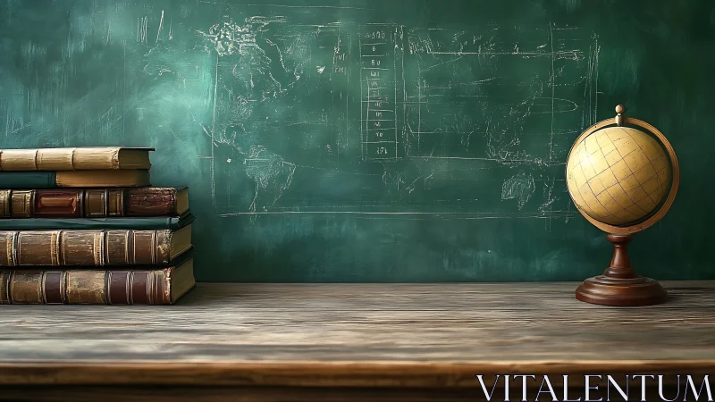 Vintage classroom globe and books inspiring gentle curiosity.