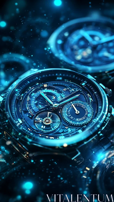 Futuristic blue chronograph watch in glowing digital bokeh.