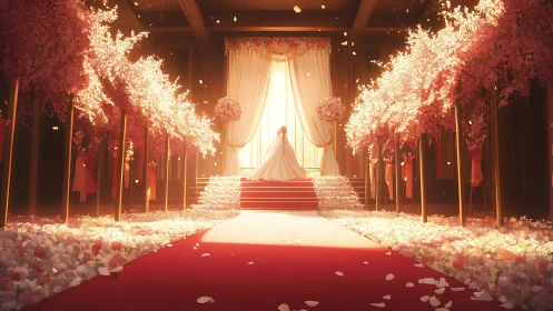 Bride on elevated aisle under pink floral arches indoors.