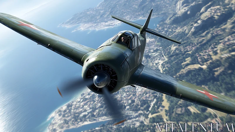 WWII fighter aircraft banking over coastal landscape. Period.