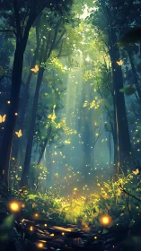 Glowing Forest Path with Luminescent Butterflies and Fireflies.
