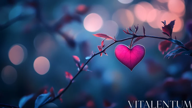 Crimson Heart Suspended on Branch. Love Symbol.