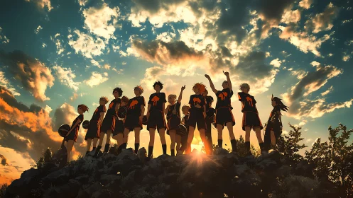 Sunlit anime basketball team silhouetted on rocky summit.