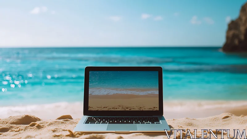 Laptop on sunlit beach blending work with calm ocean views.