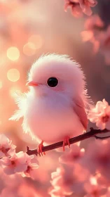 Fluffy white songbird rests on blossom branch at sunrise