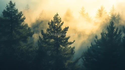 Coniferous Forest Landscape with Volumetric Crepuscular Light Rays