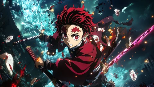 Sword-wielding anime fighter advances through turbulent battle scene