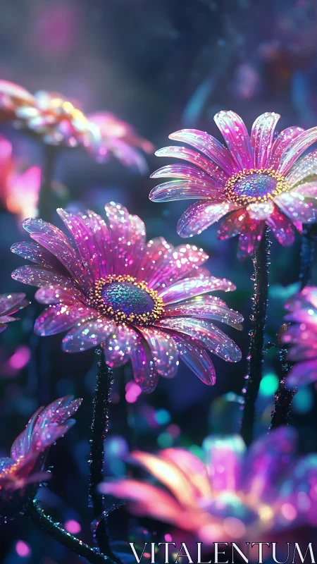 Neon Daisy Field With Dewdrops.