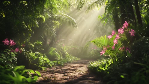 Mystical Jungle Path with Pink Flowers and Sunrays.