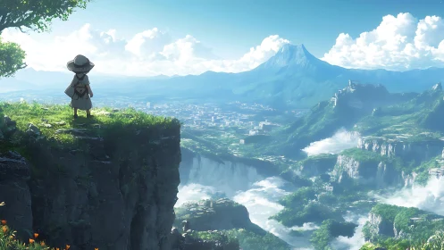 Explorer overlooking sunlit valley city and misty falls.