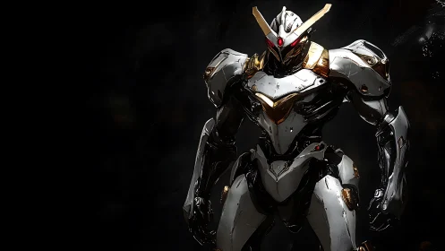 3D mech warrior in high-contrast chromium armor rendering.