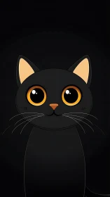 Black cat portrait with amber eyes on dark background.