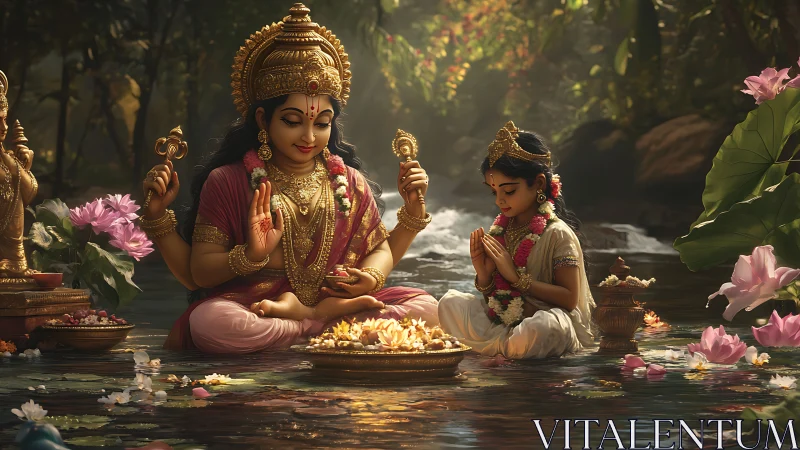 Divine mother and child in lotus-filled river, high-detail lighting