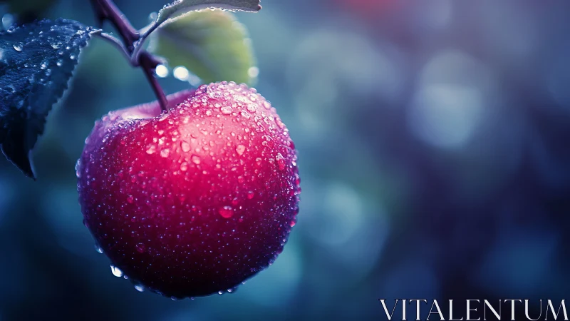 Dew‑covered red apple in cool-toned macro orchard bokeh.