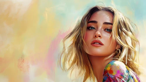 Portrait of young woman against soft abstract pastel background