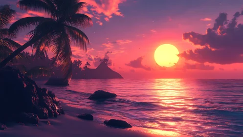 Digital sunset seascape with silhouetted palms and chromatic surf.