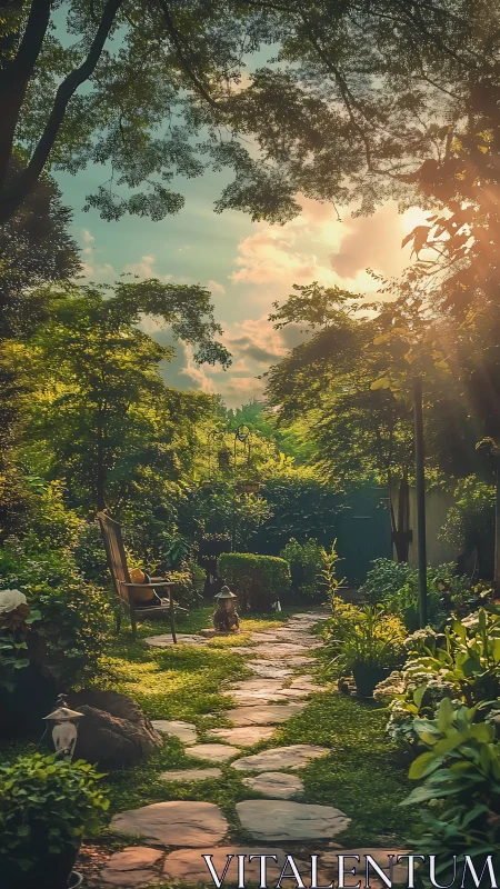 Stone path runs through densely planted garden at sunset