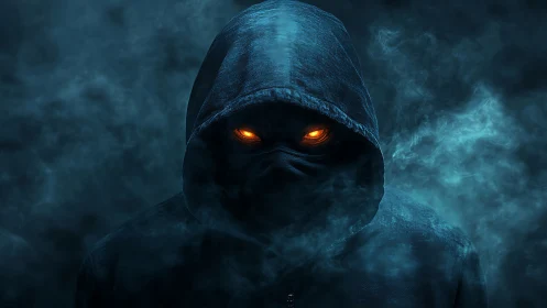 Hooded humanoid figure with glowing orange eyes in smoke.