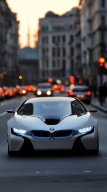 Urban dusk surrenders as a silver future-car claims the lane