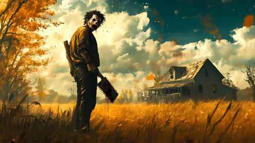 Masked figure with saw in autumn field near farmhouse.