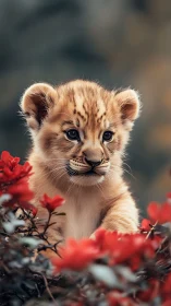 Baby lion cub gazing through vivid red blossoms softly.