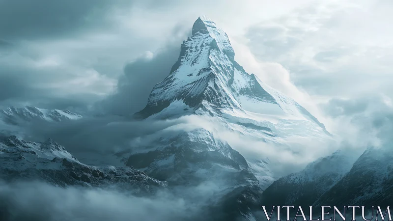 Snow-covered mountain peak rises above dense surrounding clouds