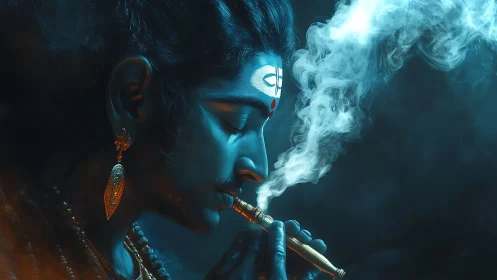 Mystical blue deity in side profile exhaling sacred smoke.