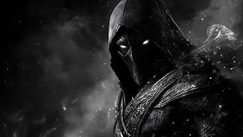 Mysterious hooded warrior emerging from swirling shadows.