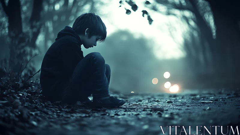 Solitary child seated on wet forest path at dusk.