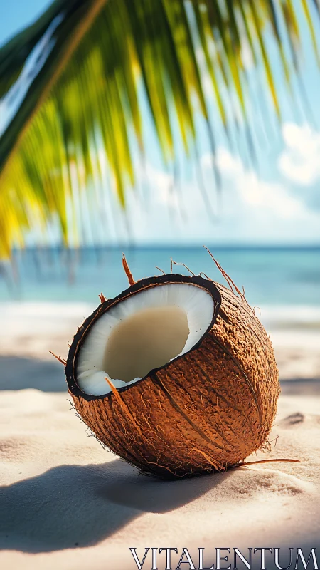 Split coconut shell on sunlit tropical beach with shallow depth