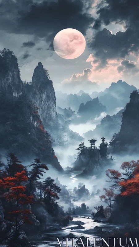 Moonlit mist kingdom above crimson autumn river valley.