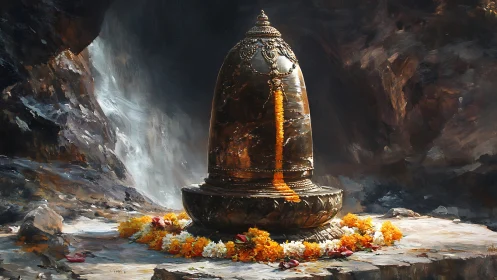 Stone Shiva lingam in rocky cave setting with flower garlands.