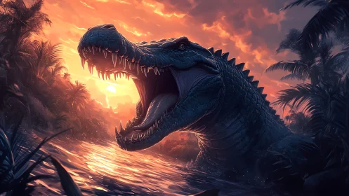 Giant prehistoric reptile roars in fiery jungle river light.