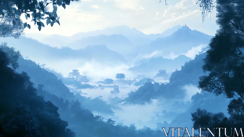 Misty layered mountain valley with distant pagoda structures.