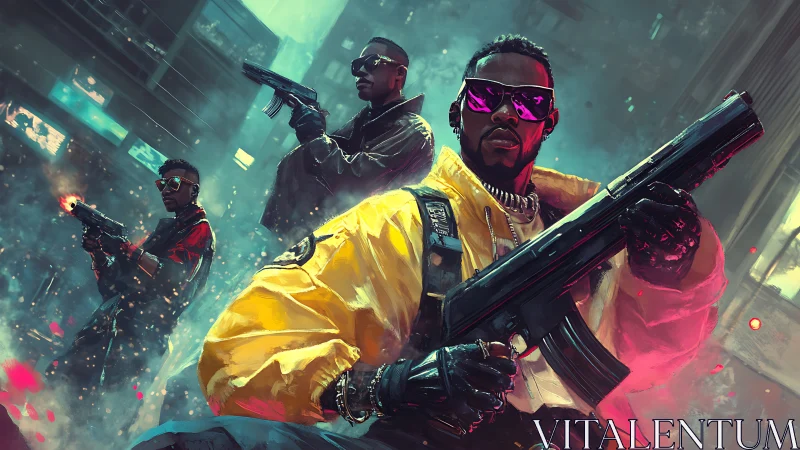 Neon gunmen stride through rain-lit cyberpunk backstreets.