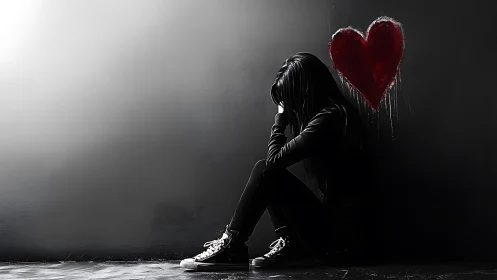 Shadowed girl beneath a bleeding red heart of street sorrow.