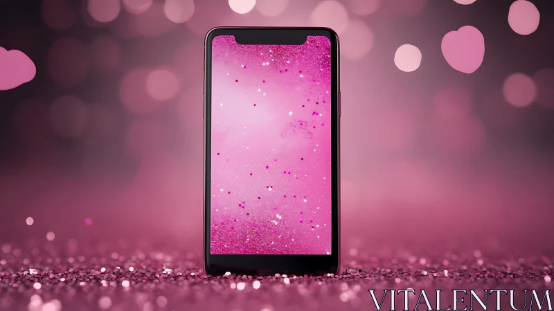 Smartphone with pink glitter display stands in romantic bokeh