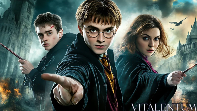 Storm-lit teen wizards hurl spells before burning castle.