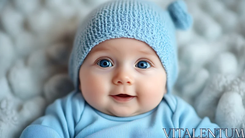 Happy Baby in Blue Beanie and Outfit