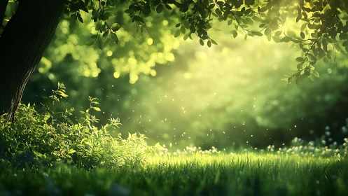 Serene sunlit forest clearing with lush greenery and soft focus.