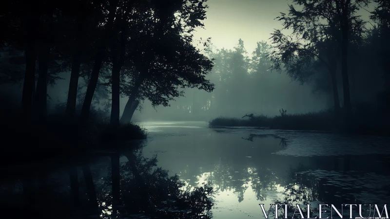 Moody digital painting of mist-laden river forest at dusk.