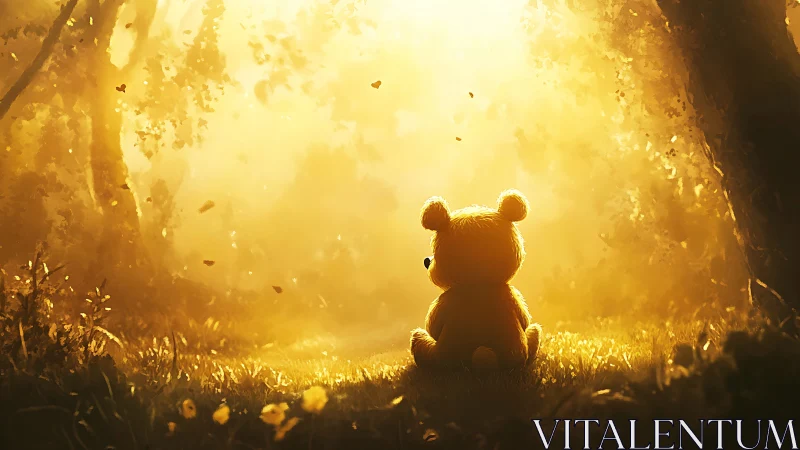 Teddy bear silhouette in golden forest sunrise glow.