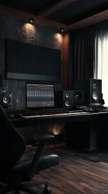 Moody producer’s studio where dark wood hums with sound.