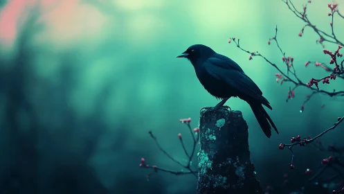 Black bird on mossy post in teal forest glow at dusk.