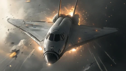 Photorealistic spacefighter under fire in cinematic ascent.