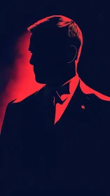 Silhouetted suited figure in red rim light on deep navy ground