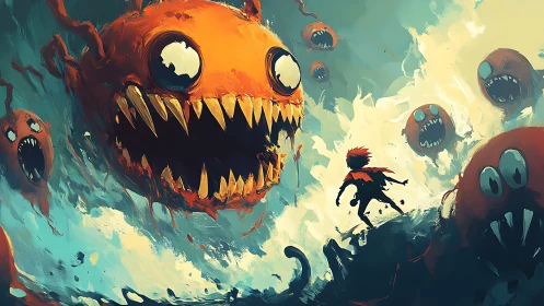 Dynamic digital painting of child vs colossal orange monsters.
